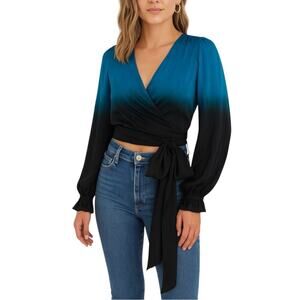 Karina Grimaldi Silk Blend Teal and Black Ombre Long Sleeve Wrap Blouse SMALL